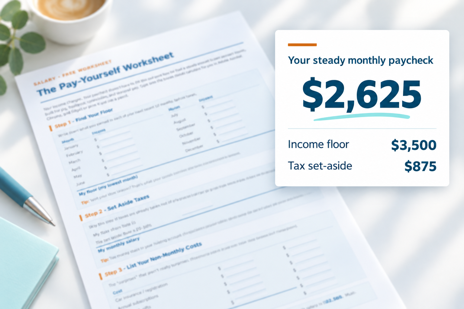 Pay-Yourself Worksheet preview showing a steady monthly paycheck of $2,625 from the worksheet example